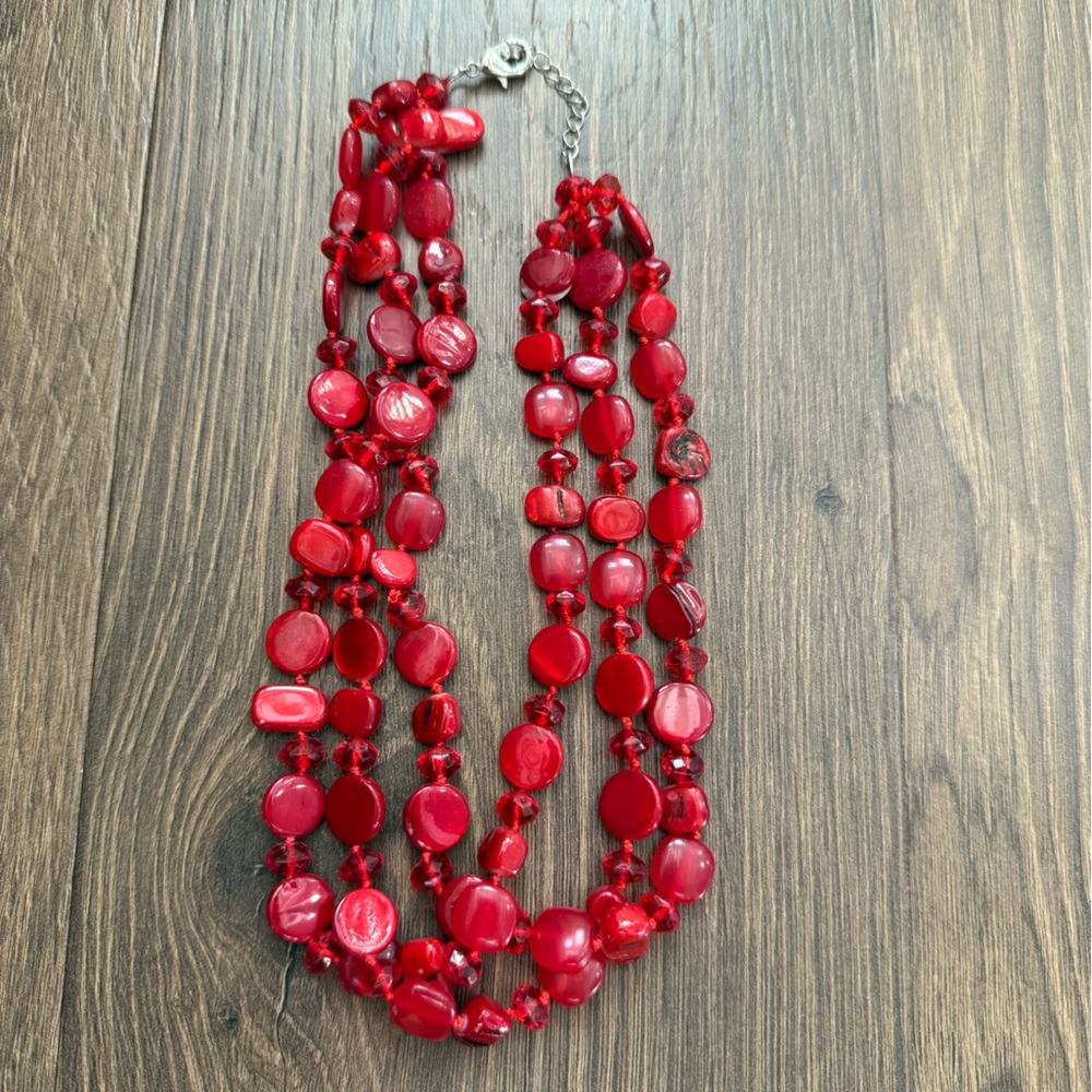 Vintage Multi-Strand Red Beaded Necklace Chunky Bohemian Style Silver Tone